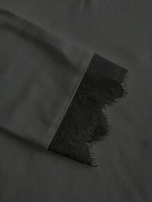 SHEIN EZwear Deep Grey V-Neck Lace Trim Fitted Long Sleeve T-Shirt, Suitable For Autumn/Winter - Dark Grey - View 4