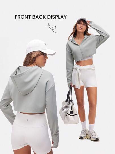 Eassivo Eassivo Women's Cropped Zip-Up Hoodie In Gray Green For Active Wear