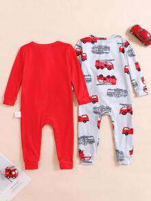 SHEIN Bộ đồ ngủ liền thân dài tay in hình xe cứu hỏa dễ thương cho bé trai, mùa xuân/hè - Đỏ - Xem 2