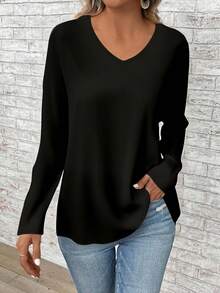 EMERY ROSE Plus Size Women's Solid Color Casual Loose Long Sleeve T-Shirt, Suitable For Teacher's Day, Halloween, ,Spring/Summer/Vacation - Multicolor - View 4