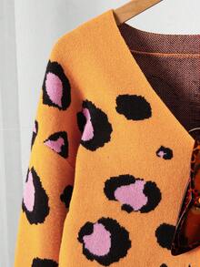 Sparklyn 女童豹纹提花针织开衫，秋冬时尚单品 - 亮橙色 - 查看 4