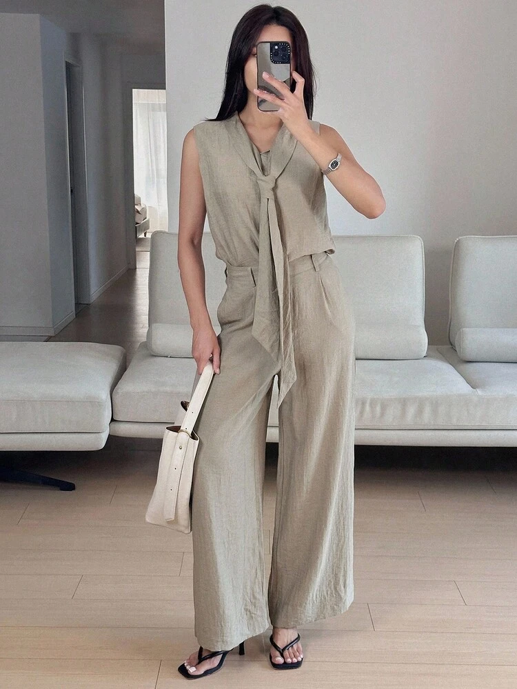 Women's Sleeveless Poncho Top And Loose Straight Leg Pants 2 Pieces Casual Set