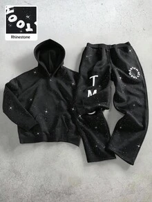 Manfinity Roghcode Manfinity Streetrush 男士连帽运动衫和裤子套装，趣味字母 3D 印花，青春街头风格男士运动服男士两件套男士运动服套装男士连帽衫和运动裤套装黑色运动服，秋冬服装 - 黑色 - 查看 1