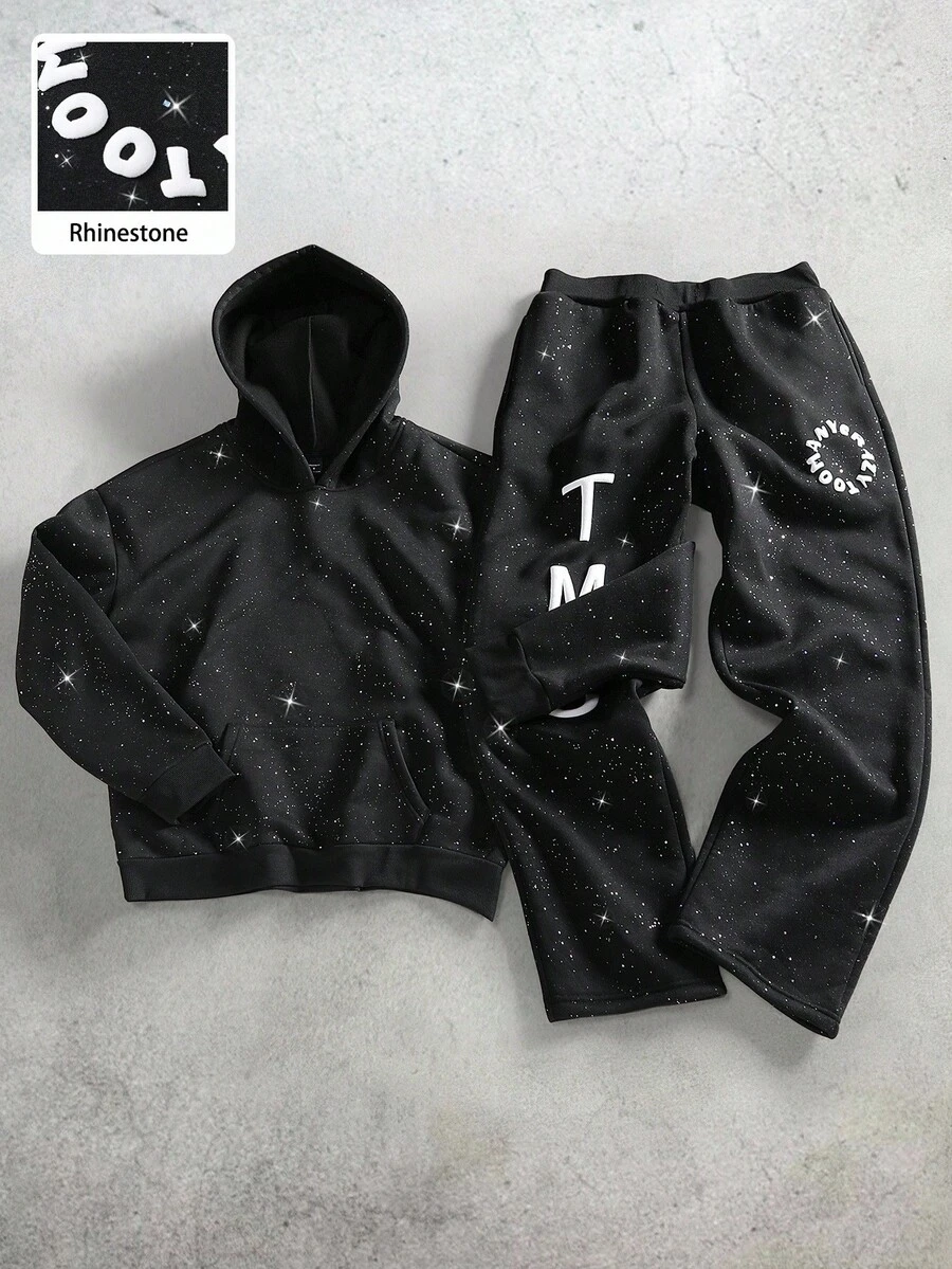 Manfinity Roghcode Manfinity Streetrush 男士连帽运动衫和裤子套装,趣味字母 3D 印花,青春街头风格男士运动服男士两件套男士运动服套装男士连帽衫和运动裤套装黑色运动服,秋冬服装 - 黑色 - 查看 1