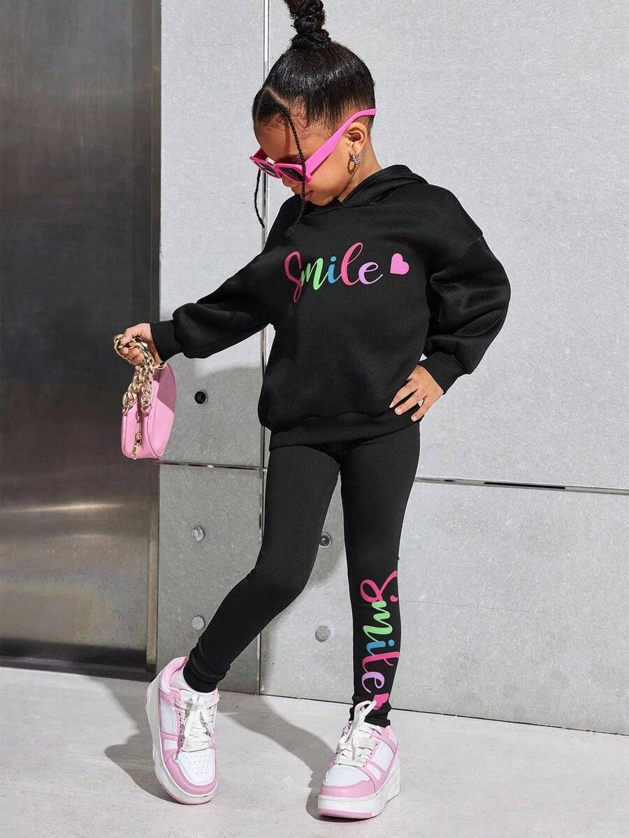 SHEIN Young Girl Casual Street Thermal Lined Hoodie And Fitted Sweatpants Set Winter Halloween Costumes Winter Fall - Black - View 1