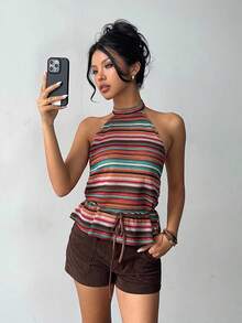 Aloruh Orange Red Striped Print Drawstring Waist Halter Top,Summer Boho Vacation Holiday Fall Clothes For Women Halloween Costumes Winter Clothes - Multicolor - View 5