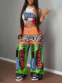 Slaydiva Bộ 2 món đồ mặc thường ngày cho nữ, áo hai dây bó sát và quần ống rộng, thích hợp mặc dạo phố, in hình xe đua - Nhiều màu - Xem 3