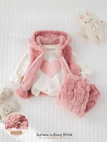 Cozy Pixies 3 件套女婴心形图案针织柔软连帽运动衫、无袖毛绒心形纹理背心、松紧腰裤套装 - 彩色 - 查看 4