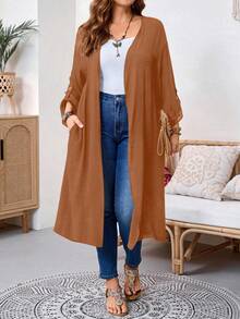 EMERY ROSE Plus Size Women Casual Loose Solid Color Jacket, Versatile For Daily Wear Winter Fall Autumn - Khaki - View 3