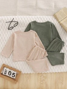 2pcs/Set Toddler Boys' Solid Color Cotton Crew Neck Long Sleeve Top And Pants Casual Pajamas, Autumn/Winter Fall - Multicolor - View 2