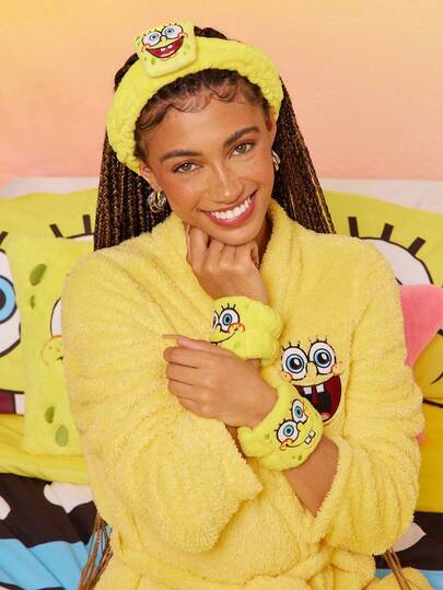 SpongeBob SquarePants | SHEIN 1 个柔软吸水头带，2 个腕带，舒适方便洗脸和沐浴