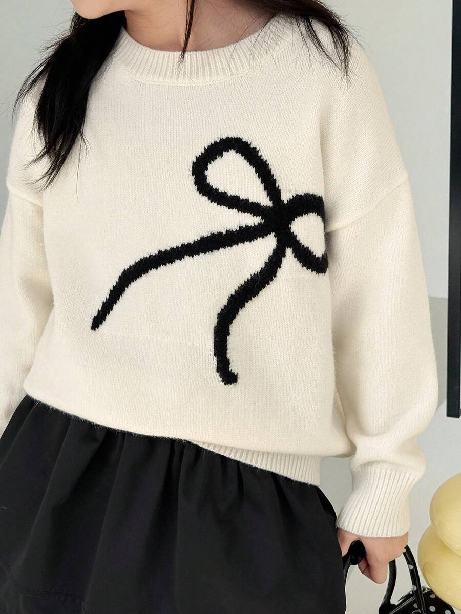 Dazy Kids Suéter de manga larga con cuello redondo y decoración de lazo para niñas, otoño - Beis - Ver 1