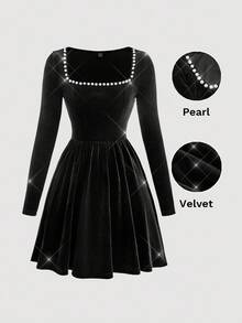 SHEIN MOD 黑色天鹅绒珍珠领长袖连衣裙 - 黑色 - 查看 2