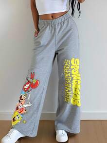 SpongeBob SquarePants | SHEIN 女士休闲日常通勤趣味可爱卡通字母图案松紧腰侧袋喇叭裤 - 灰色 - 查看 3