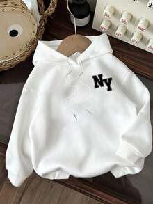 SHEIN EZwear Sudadera holgada con capucha y estampado del logo NY en estilo retro americano minimalista y casual, apropiada para otoño/invierno