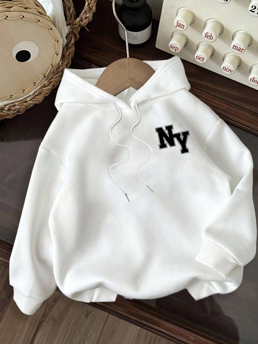 SHEIN EZwear Sudadera holgada con capucha y estampado del logo NY en estilo retro americano minimalista y casual, apropiada para otoño/invierno