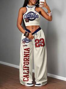 Slaydiva 2 件女士休闲街头风格数字和字母印花紧身吊带背心和宽松裤子套装，适合街头时尚 - 彩色 - 查看 5