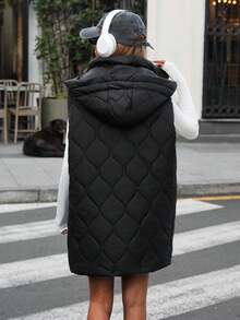 EURMUSE Quilted Hooded Sleeveless Puffer Vest With Front Zipper And Side Pockets In Matte Black Finish Women Work Outfits - Black - View 2