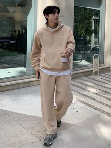 DAZY 男士字母印花保暖内衬连帽衫套装，棕色，秋冬 - 棕色 - 查看 7