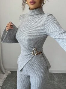 Elenzga 新款女式高领罗纹针织抓绒不对称金属装饰喇叭袖上衣和喇叭裤两件套，适合日常穿着，优雅青春，秋冬 - 灰色 - 查看 3