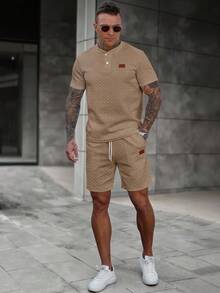 Manfinity CasualCool 2件男士装饰短袖T恤和短裤休闲套装男士两件套休闲男士休闲2件套男士2件套男士两件套 - 卡其色 - 查看 6