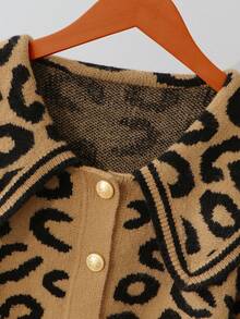 GlowEve 秋冬新款驼色豹纹毛衣开衫女时尚高端海军蓝领女士开襟针织外套