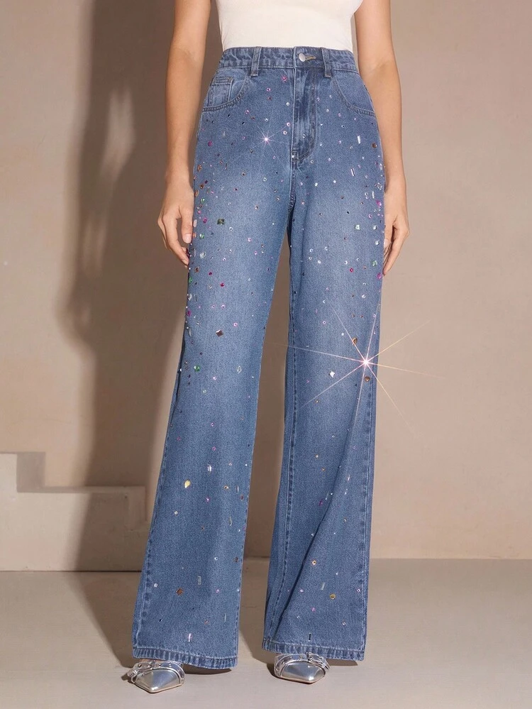 女性用 ラインストーン装飾 ブルー ストレートレッグパンツ、クリスマス&デートに最適、秋冬新作