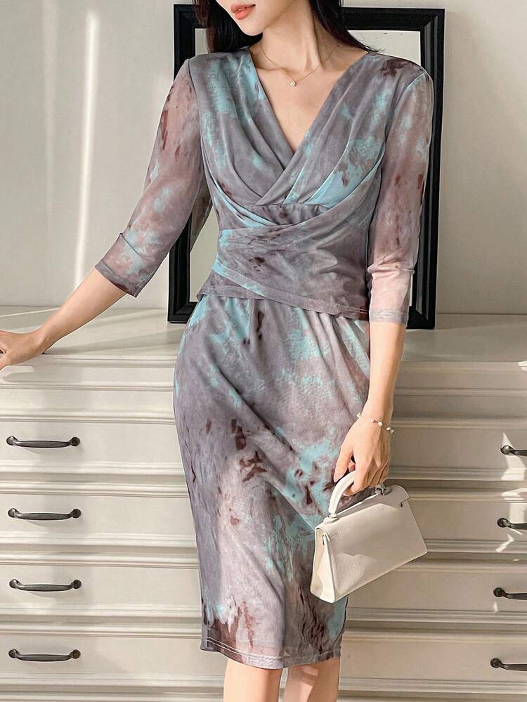 Women's V-Neck Elastic Mesh Form-Fitting Dress, Elegant Dress