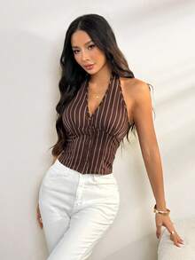 SHEIN PETITE Women Cotton Striped Stand Collar Single-Breasted Vest Thin Blazer - Brown - View 7