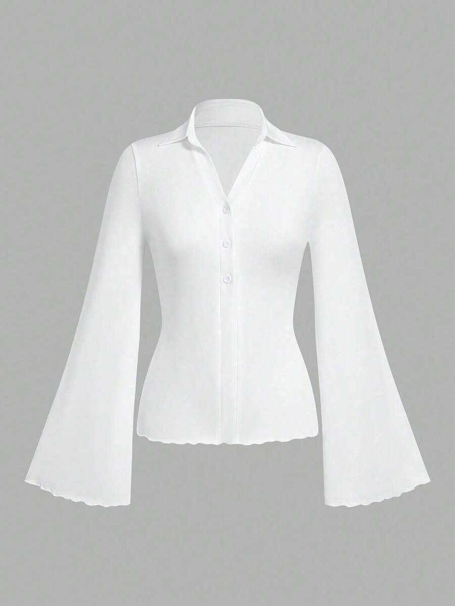 SHEIN MOD 休闲复古风立领喇叭袖女式T恤，适合秋冬季节和机场穿着。 - 彩色 - 查看 1