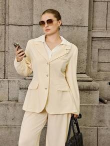 Calvaya Plus Size Women 2 Pieces Set,White,Autumn,Elegant,Semi Formal Office Wear Long Sleeve Button Suit Jacket And Straight Leg Pants Business Casual Outfit - Apricot - View 3