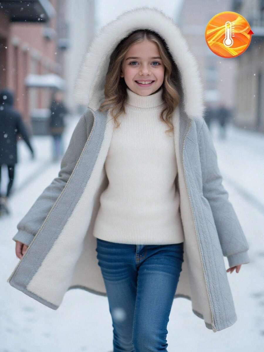 SHEIN Tween 女童休闲百搭百搭校园日常保暖毛绒领中长款纹理针织连帽夹克，秋冬秋季