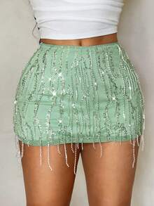 SHEIN SXY 女士时尚流苏亮片迷你裙 - 綠色 - 查看 3