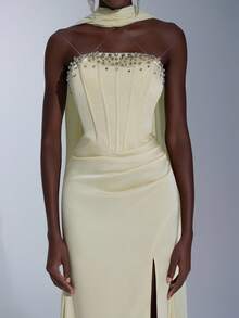 Elitara 优雅浅黄色露肩串珠美人鱼下摆侧开衩连衣裙（可拆卸吊带荷叶边），适合约会、单身派对、婚礼、正式活动、晚会礼服 - 淡黃色 - 查看 3