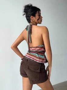 Aloruh Orange Red Striped Print Drawstring Waist Halter Top,Summer Boho Vacation Holiday Fall Clothes For Women Halloween Costumes Winter Clothes - Multicolor - View 2