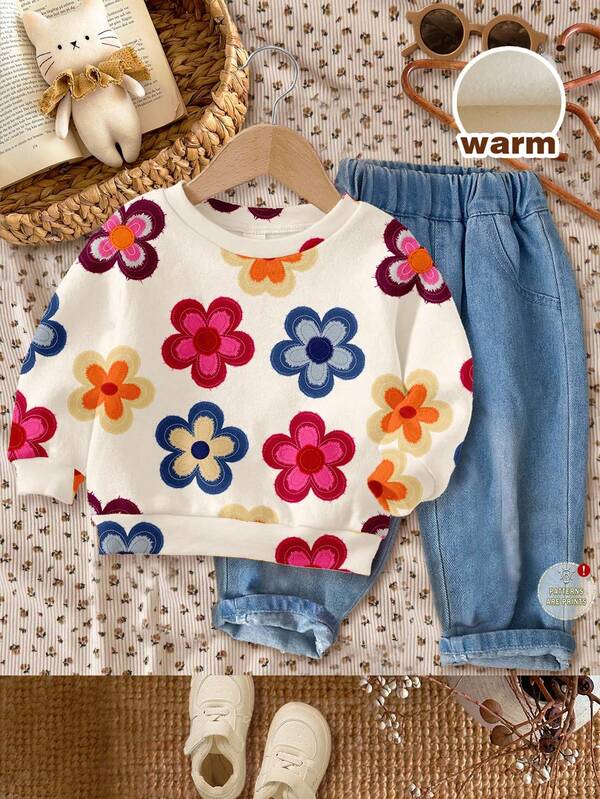 SHEIN Happikins Cream White, Cute Dopamine Applique Colorful Floral Pattern, Fall Vibes, Baby Girls Casual Loose Fit Crew Neck Comfortable Daily Soft Knit Long Sleeve Sweatshirt, Suitable For Autumn & Winter Wildflower Baby Clothes Baby Girl Warm Sets Baby Girl Clothes Spring Fall Fall Girl Clothes