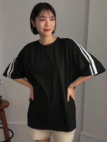FRIFUL 女式条纹落肩T恤，侧开衩，超大码T恤 - 黑色 - 查看 3