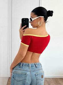 EgrlEra Women's Street KPop Style Letter Print Slash Neck Cropped Tee, Sporty Baddie Dopamine Vibe, 90s Clothes - Red - View 2
