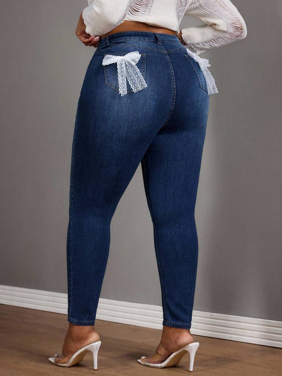 Slaydiva Plus High Waist Bow Back Skinny Jeans - Medium Wash - View 1