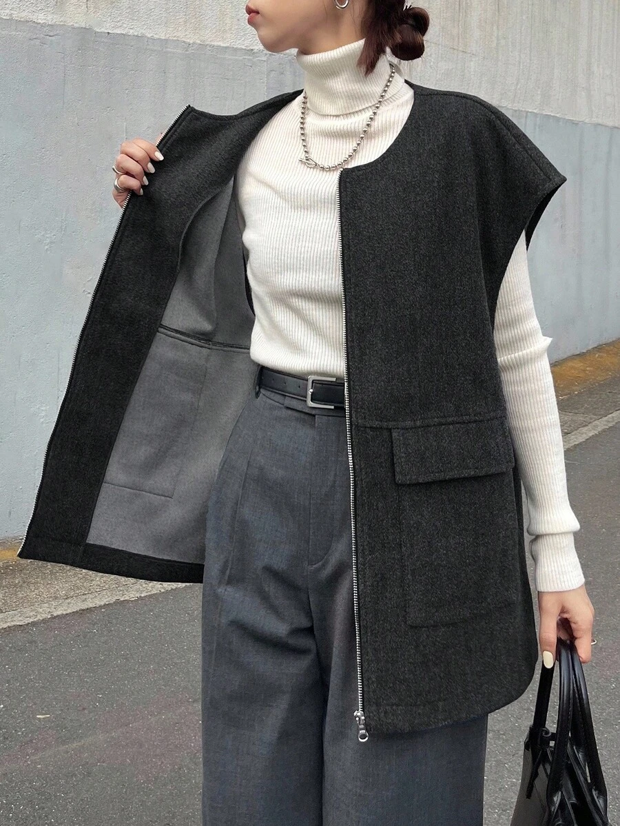 FRIFUL 女士圆领背心开襟羊毛面料宽松休闲夹克