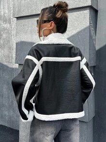 SHEIN ICON Damen Schwarze und Weiße Lässige Locker Kragen Langarm Einreihige Jacke, Herbst/Winter - Schwarz und Weiss - Übersicht 2