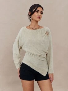 Modelyn Women's Round Neck Long Sleeve Ruched Asymmetric Hem Fashion T-Shirt - Apricot - View 5
