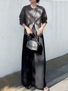 FRIFUL Áo khoác cardigan dệt kim dáng rộng màu xám đậm đơn giản dành cho nữ, đa năng cho mùa thu - Màu xám đen - Xem 2