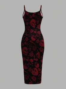 SHEIN EZwear Women's Skull & Rose Bodycon Slip Midi Dress,Black,Summer,Goth,Birthday Party,Party Night,Halloween Day Of The Dead Y2K Grunge Punk Gothic Clothing - Red and Black - View 2