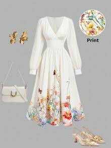 SHEIN MOD Vintage Romantic V-Neck Floral Print Long Sleeve Dress