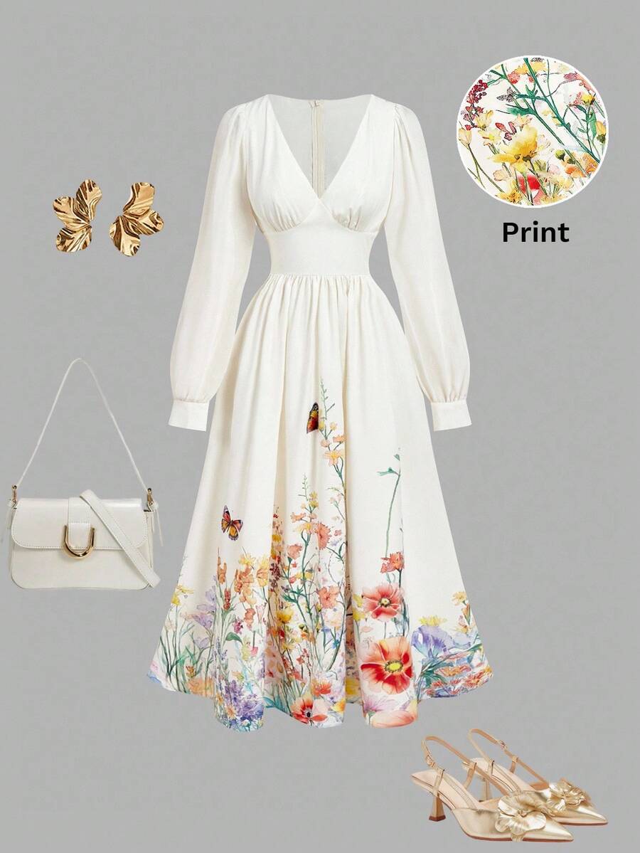 SHEIN MOD Vintage Romantic V-Neck Floral Print Long Sleeve Dress