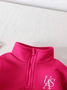 SHEIN 2pcs Baby Girl Fleece Sweatshirt & Pants Set, Embroidered Letter Design, Suitable For Outdoor And Indoor Wear, Autumn/Winter Fall - Hot Pink - View 5