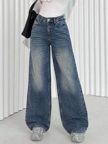 EURMUSE JEANS DE PIERNA ANCHA Y CINTURA ALTA PARA MUJER - Azul lavado medio - Ver 3