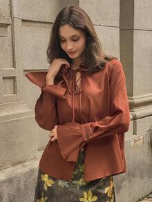 DAZY Solid Color Loose Ruffle Tie Flare Sleeve Elegant Vintage Women Blouse, Autumn/Winter Long Sleeve Top School - Red - View 1