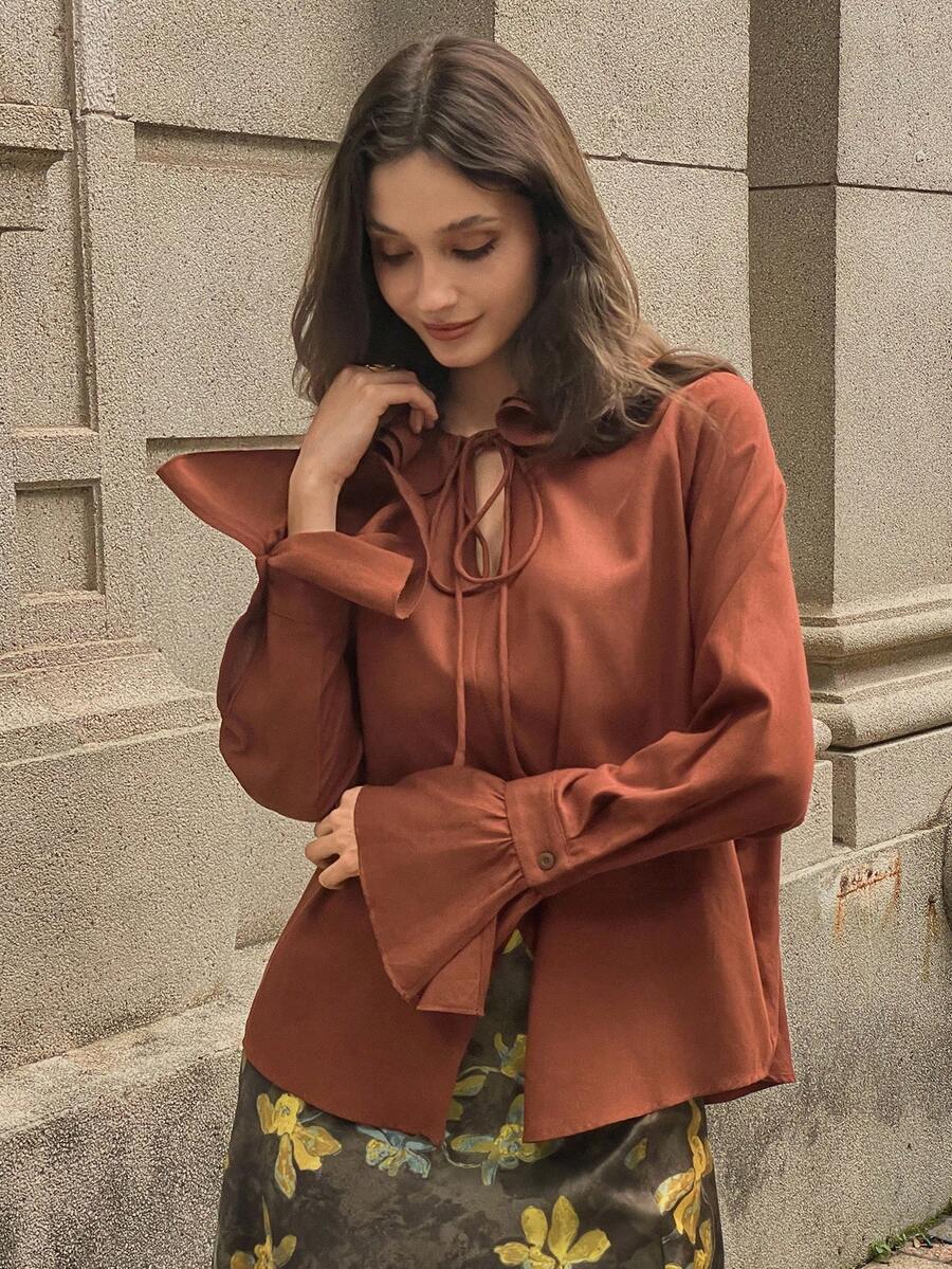 DAZY Solid Color Loose Ruffle Tie Flare Sleeve Elegant Vintage Women Blouse, Autumn/Winter Long Sleeve Top School - Red - View 1